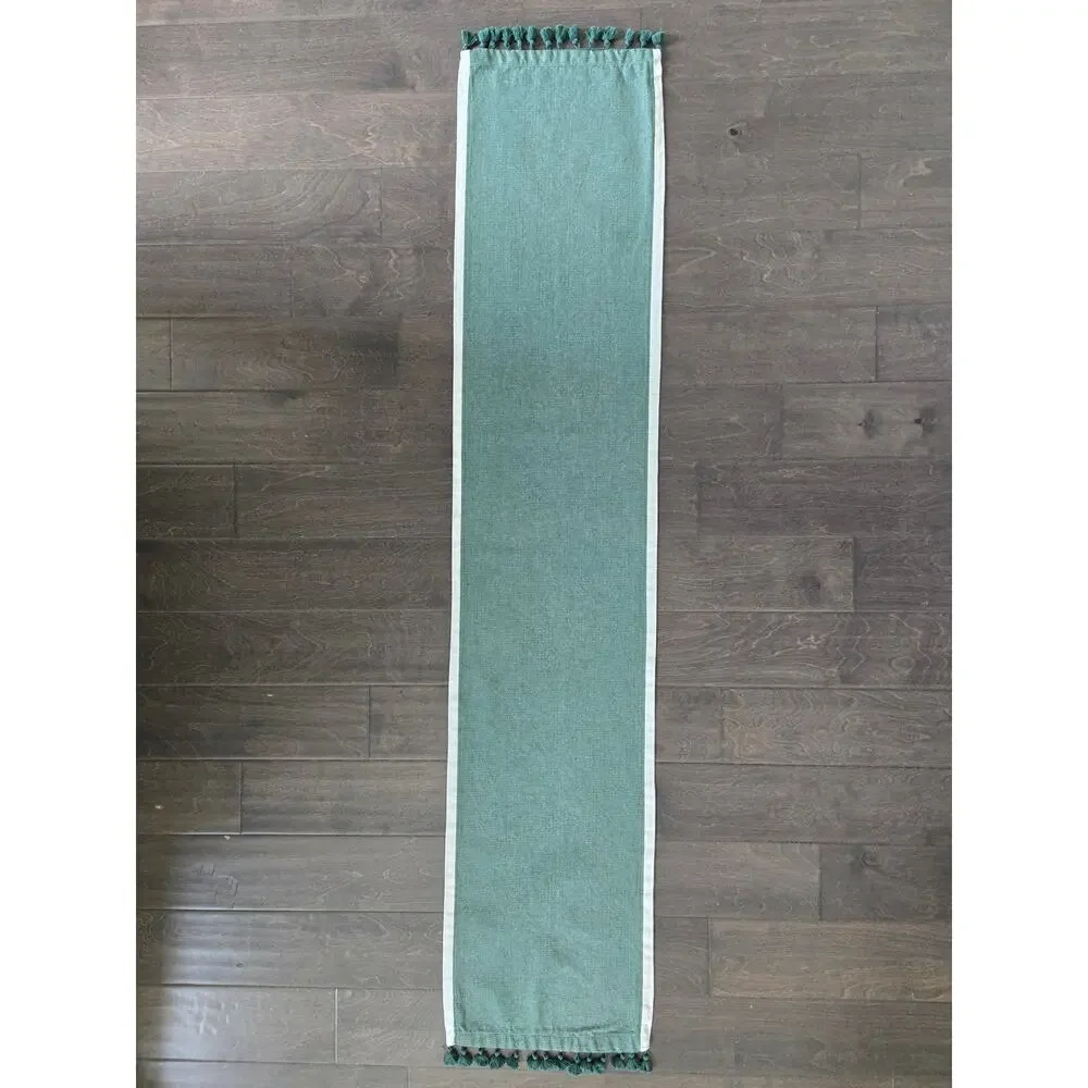 Green Herringbone Tassel Table Runner Farmhouse Boho 66